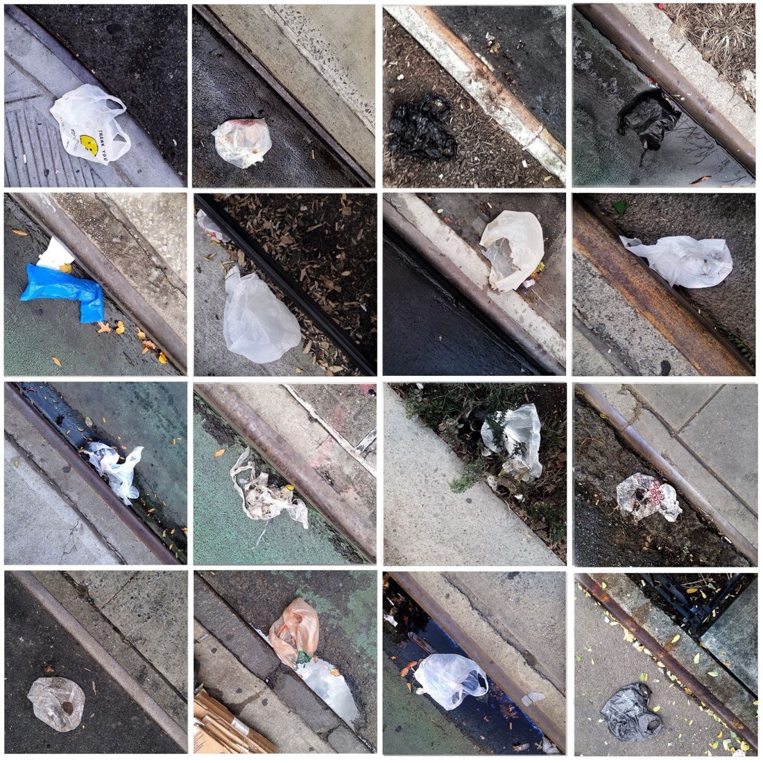 Grid of sixteen photographs of plastic bags along New York City curbs and gutters